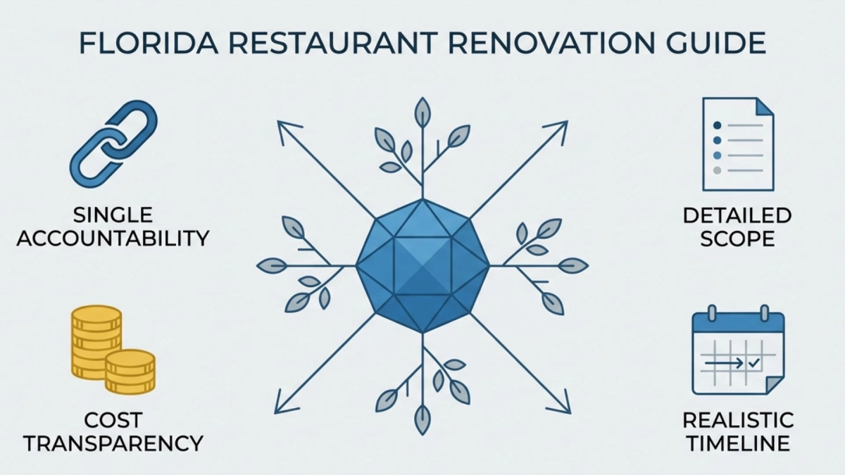 Infographic guide for Florida restaurant renovation with timeline, scope, and cost transparency icons.